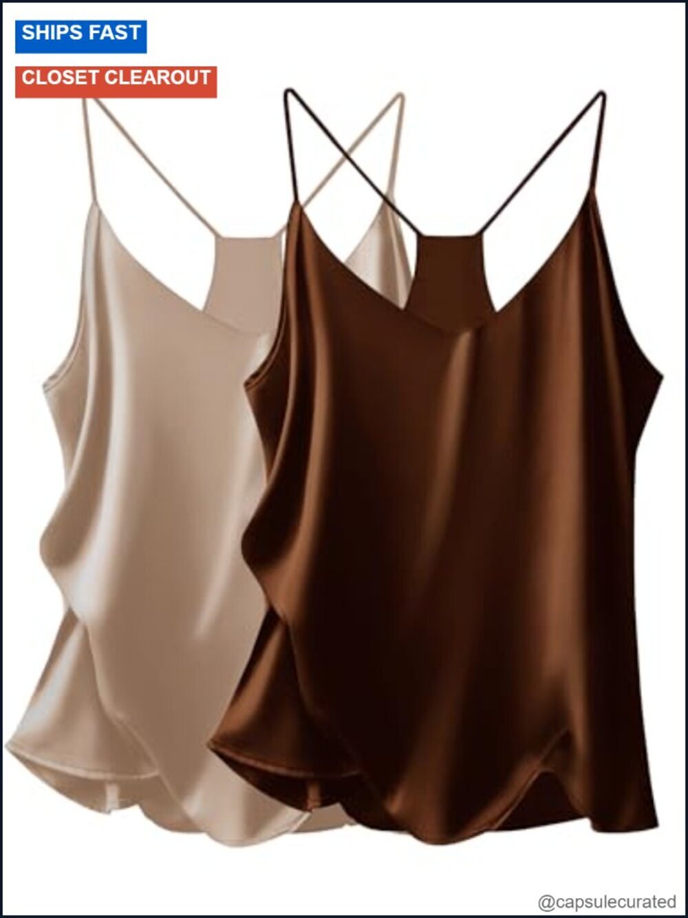 Women's Satin Cami Tops 2 Pack V Neck Silk Camisole Tank Top Spaghetti Strap